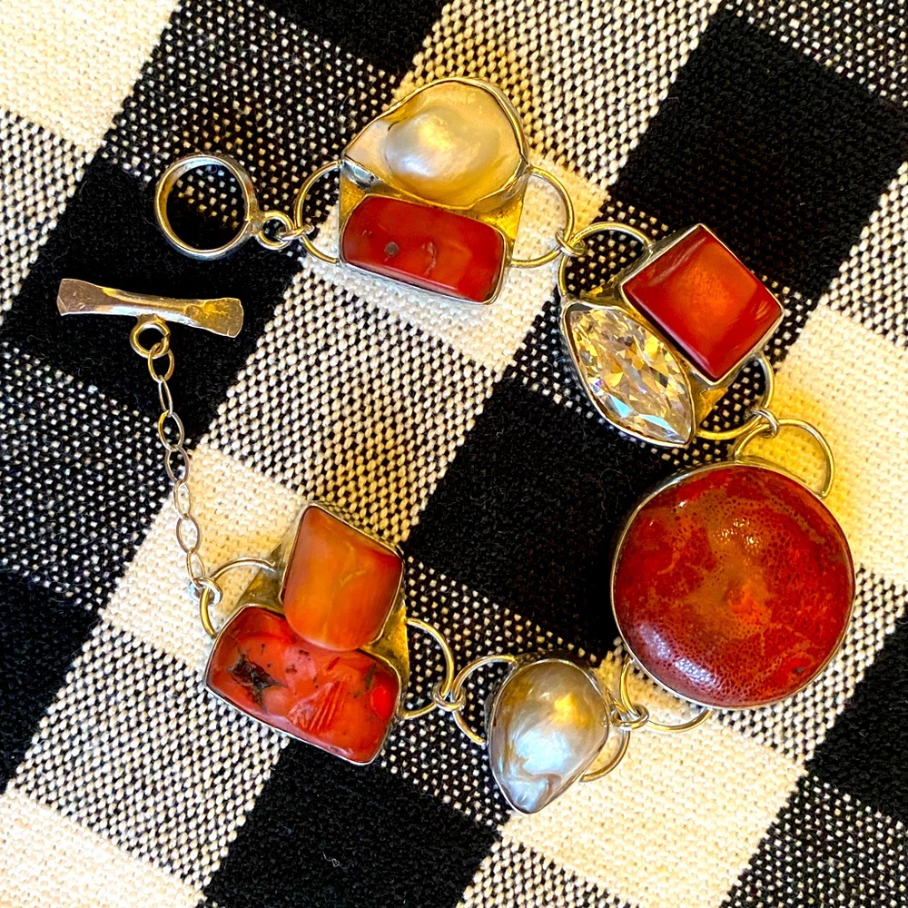 Handmade one of a kind artisan bracelet - sponge coral, pearl, sterling silver